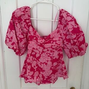 pink flower worn once women's babydoll puff sleeve top with tie in back
